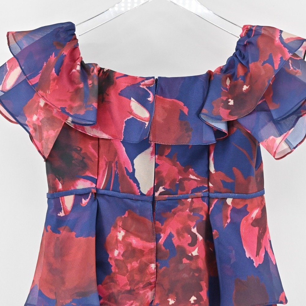 Rickie Freeman Teri Jon Floral Tiered Ruffle Dress Womens Sz 6 Navy Red Wedding - Picture 10 of 12
